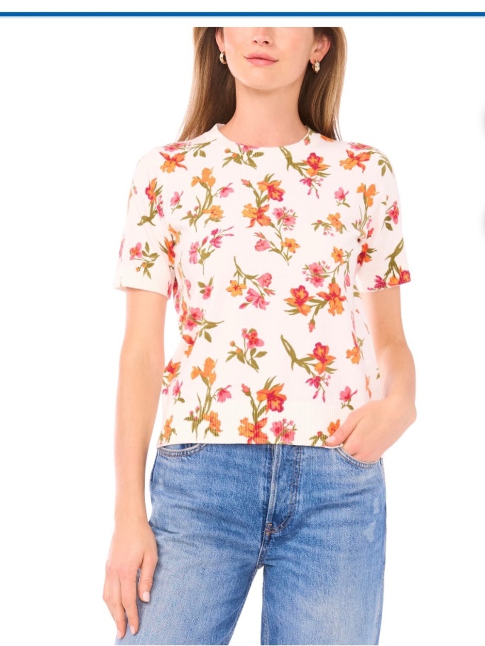 BNWT Vince Camuto Cream Short-Sleeve Knit Top multicolor floral print, Size XS